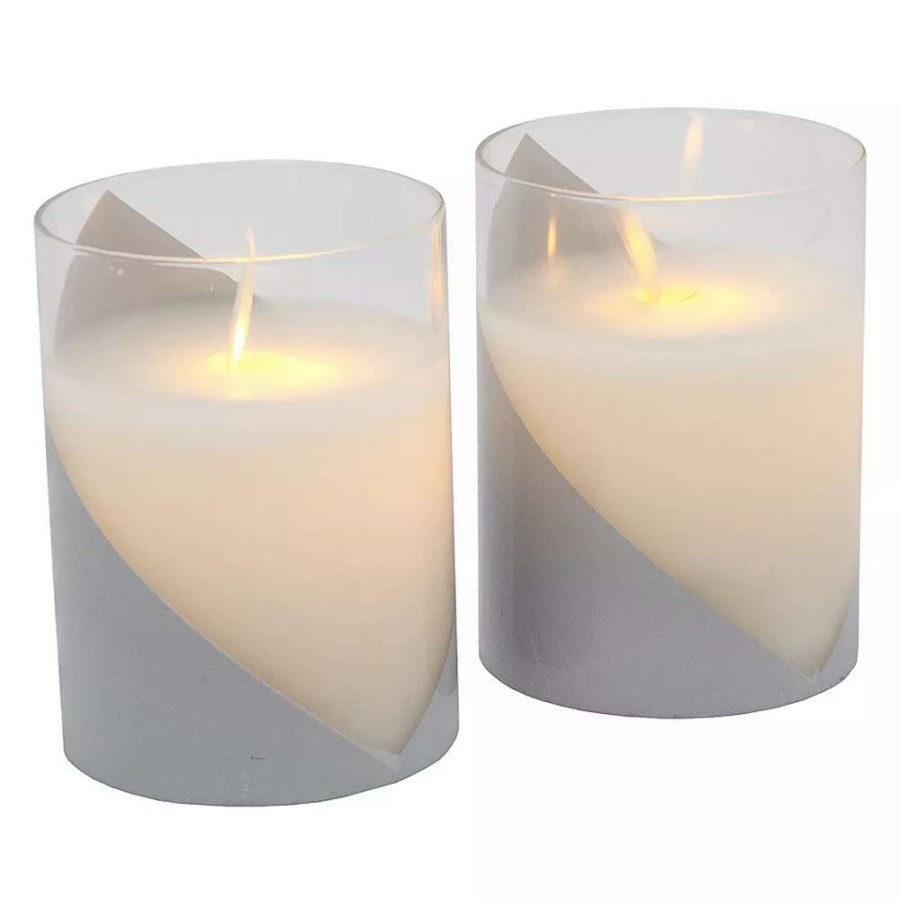 Other Candles * | Lumabase Wraparound Silver Battery Operated Wax Candles In Glass Holders With Moving Flame 2-Piece Set