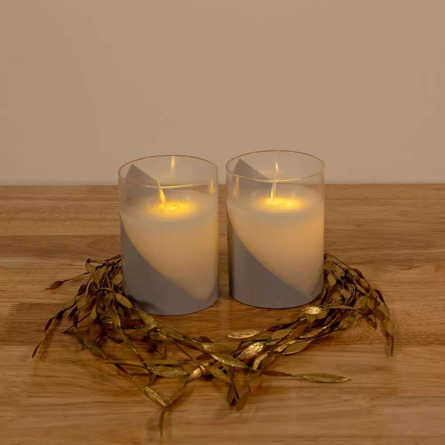 Other Candles * | Lumabase Wraparound Silver Battery Operated Wax Candles In Glass Holders With Moving Flame 2-Piece Set