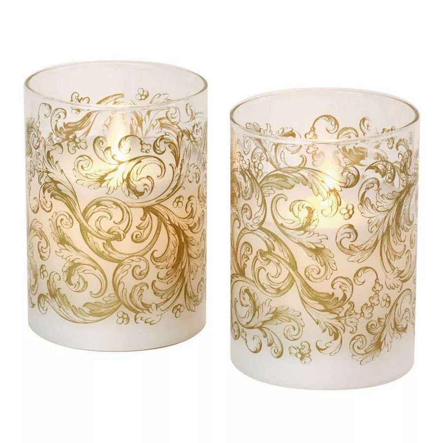 Other Candles * | Lumabase Baroque Gold Swirl Battery Operated Wax Candles In Glass Holders With Moving Flame 2-Piece Set