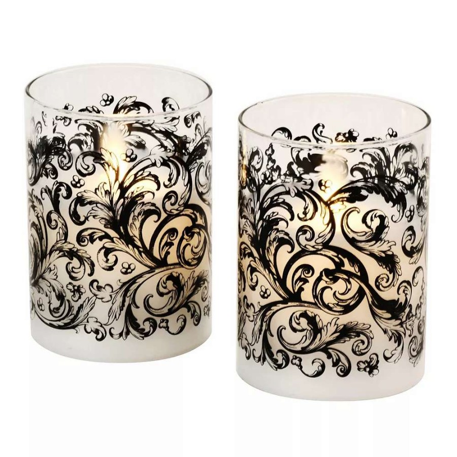 Other Candles * | Lumabase Baroque Black Swirl Battery Operated Wax Candles In Glass Holders With Moving Flame 2-Piece Set