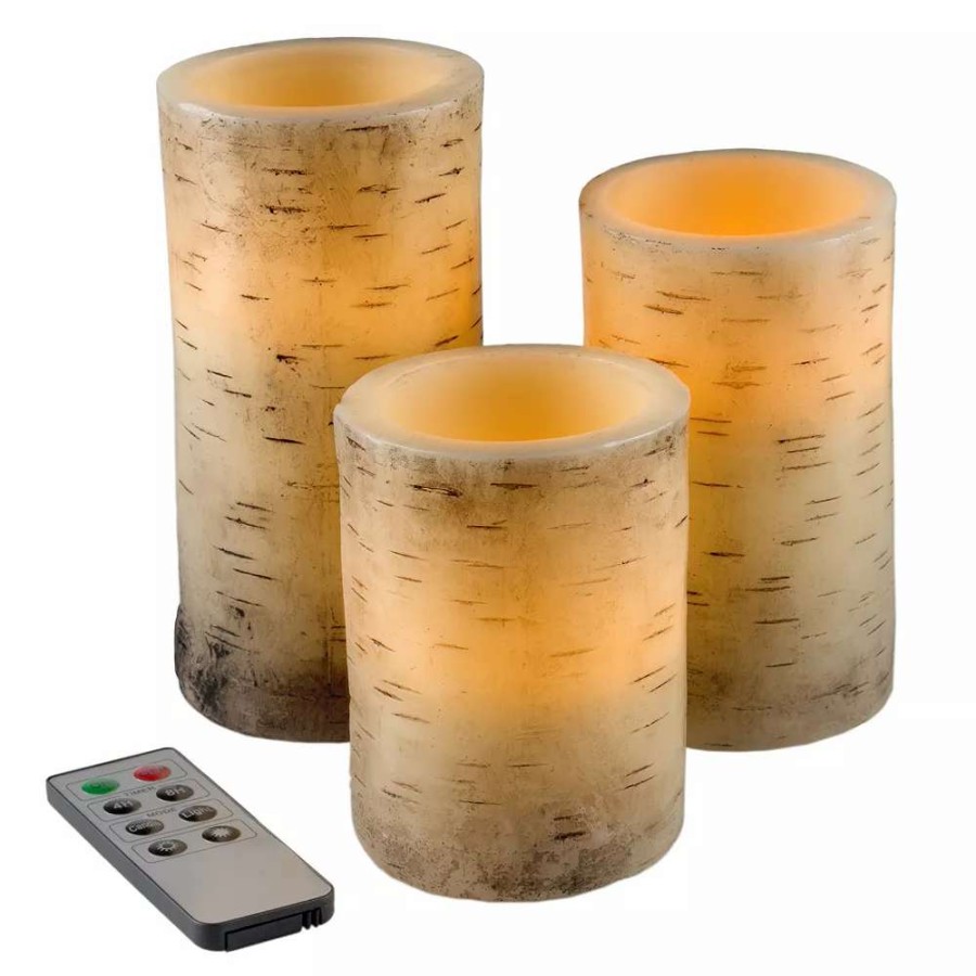 Other Candles * | Lavish Home Faux Birch Bark Flickering Flameless Led Candle Table Decor & Remote 4-Piece Set