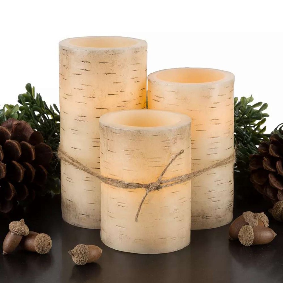 Other Candles * | Lavish Home Faux Birch Bark Flickering Flameless Led Candle Table Decor & Remote 4-Piece Set