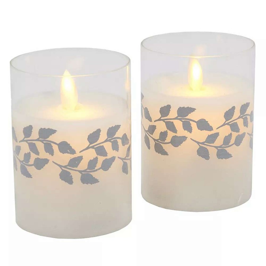 Other Candles * | Lumabase Silver Wreath Battery Operated Wax Candles In Glass Holders With Moving Flame 2-Piece Set