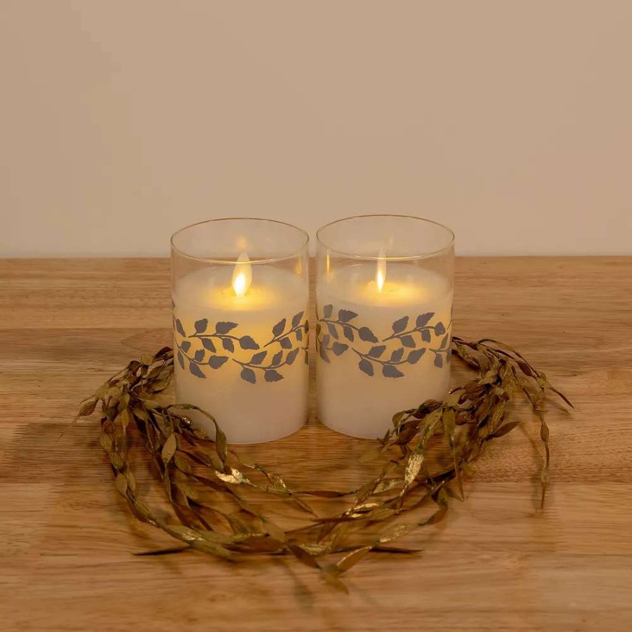 Other Candles * | Lumabase Silver Wreath Battery Operated Wax Candles In Glass Holders With Moving Flame 2-Piece Set