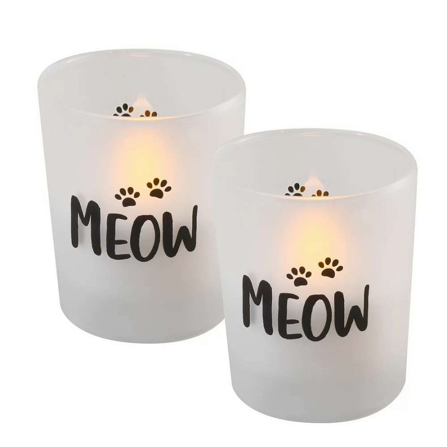 Pillar Candles * | Lumabase "Meow" Battery Operated Led Wax Candles In Glass Holders (Set Of 2)