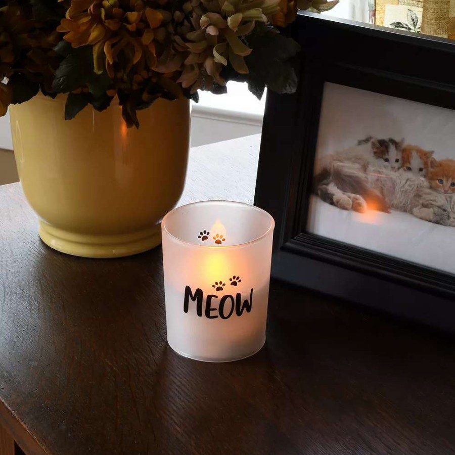 Pillar Candles * | Lumabase "Meow" Battery Operated Led Wax Candles In Glass Holders (Set Of 2)