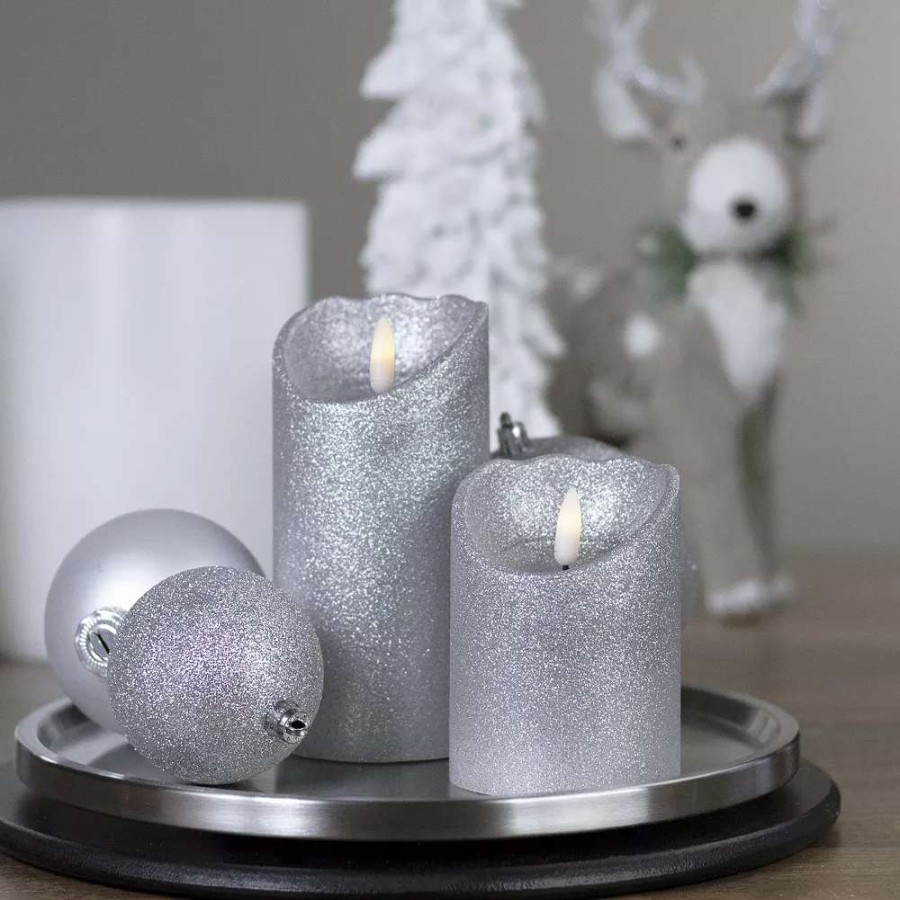 Other Candles * | Christmas Central 4 Led Silver Glitter Flameless Christmas Decor Candle