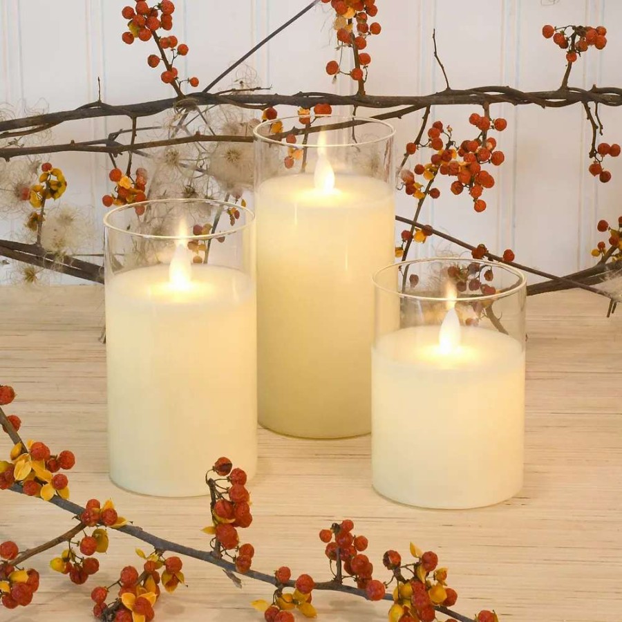 Pillar Candles * | Lumabase Battery Operated Led Realistic Flame Wax Filled Candles In Glass Holders (Set Of 3)