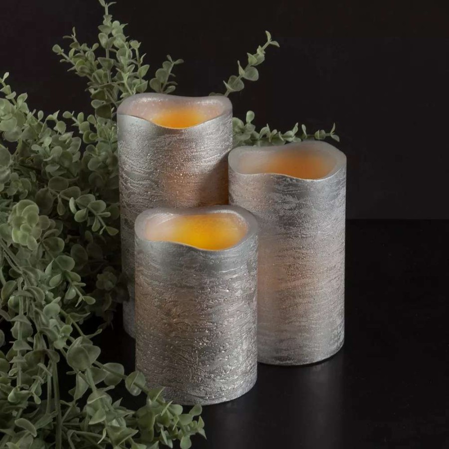 Pillar Candles * | Lavish Home Flameless Led Pillar Candle & Remote 4-Piece Set Silver