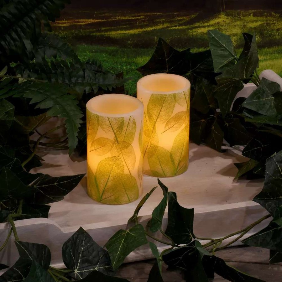 Pillar Candles * | Lumabase Battery Operated Led Wax Candles- Lace Leaf (Set Of 2)