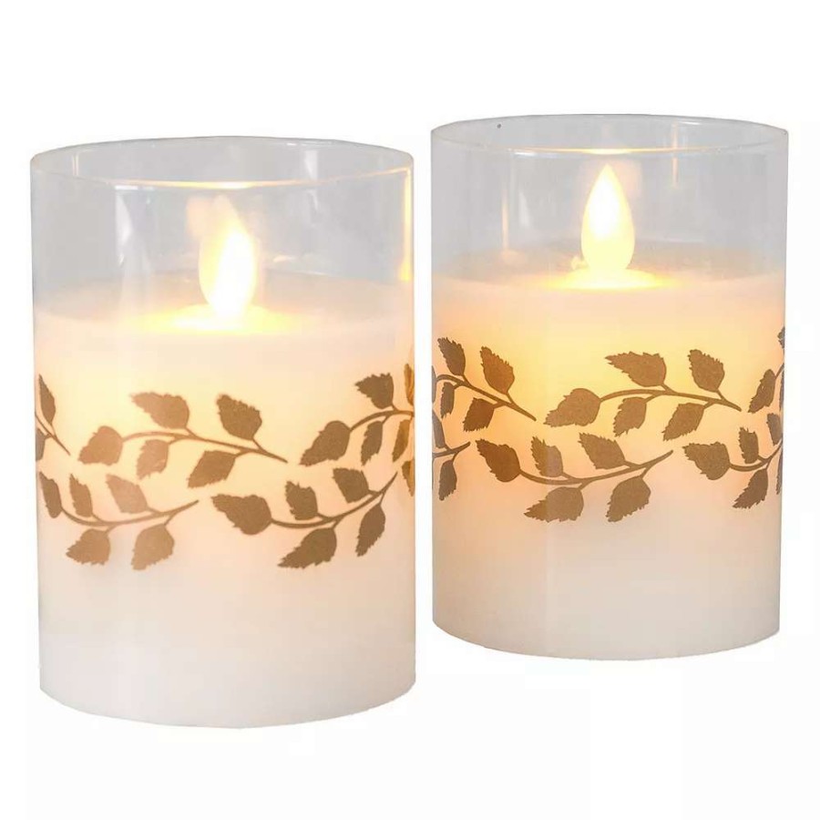 Other Candles * | Lumabase Gold Wreath Battery Operated Wax Candles In Glass Holders With Moving Flame 2-Piece Set