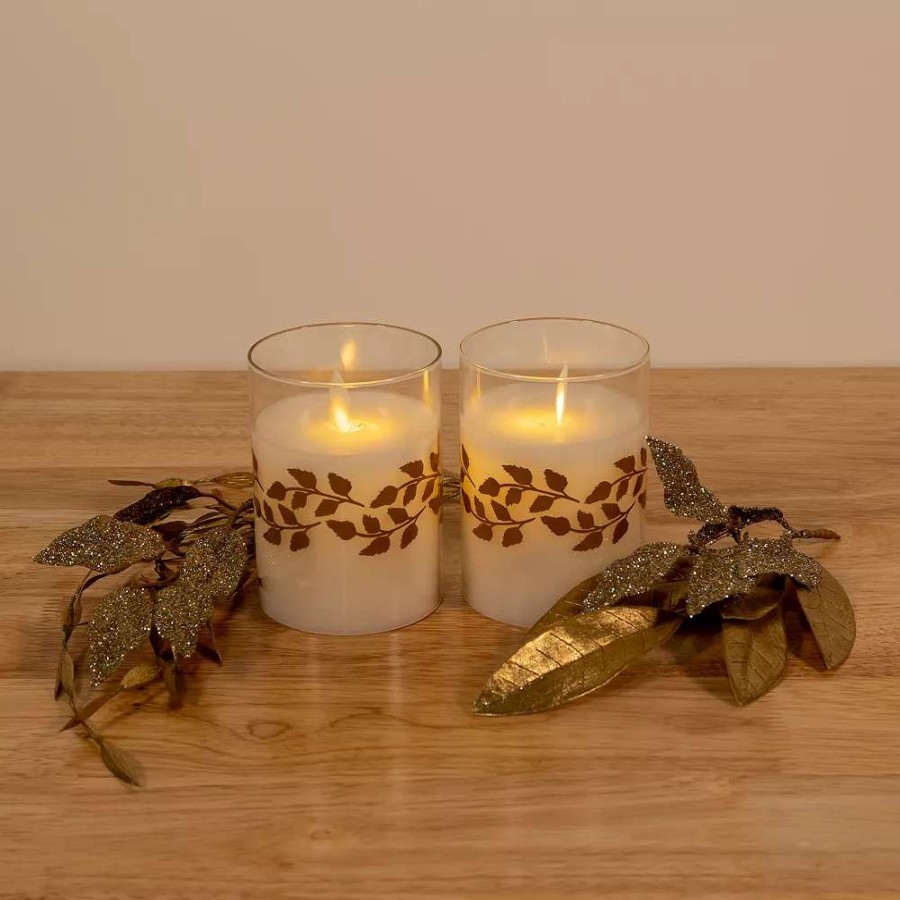 Other Candles * | Lumabase Gold Wreath Battery Operated Wax Candles In Glass Holders With Moving Flame 2-Piece Set