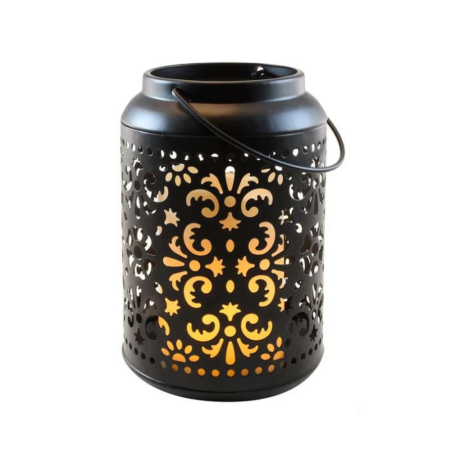 Candle Sets * | Lumabase Metal Lantern With Cut Out Design And Flame Effect Pillar Candle