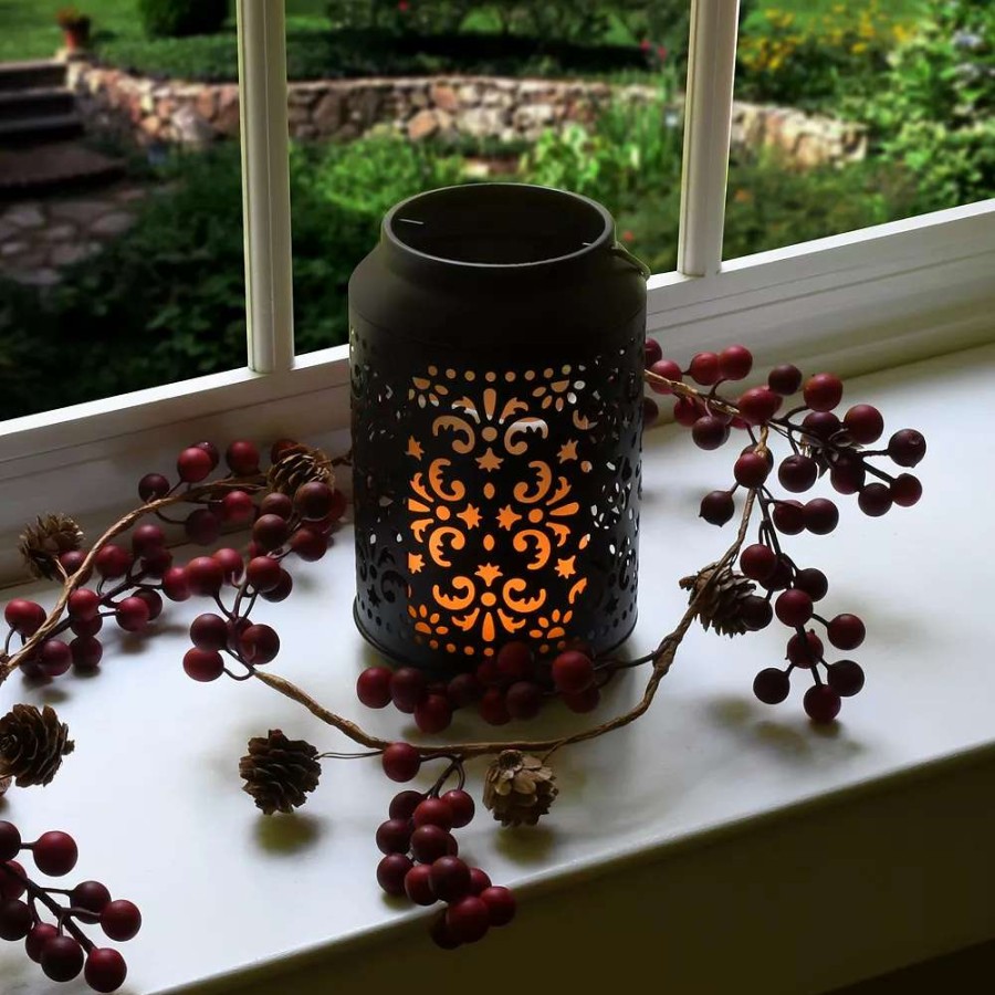 Candle Sets * | Lumabase Metal Lantern With Cut Out Design And Flame Effect Pillar Candle